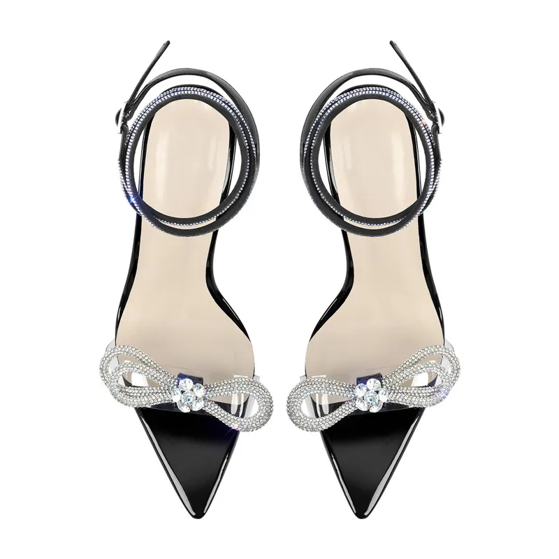 Onlymaker Women\'s Lucite Clear Ankle Strap Rhinestone Bow Clear Chunky Heel Perspex High Heel Transparent  Sandals