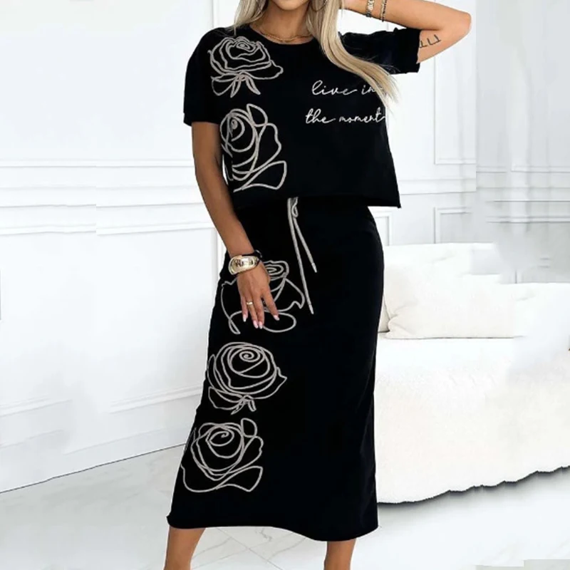 2024 Women Fashion Pattern Print Skirt Outfits Elegant O-neck Pullover Top & Long Skirt Suit Summer Casual Short Sleeve 2Pc Sets