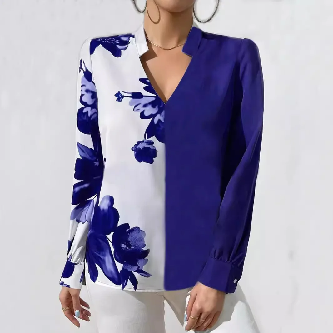 Long Sleeve Blue Flower Print Blouse Women 2024 Spring And Autumn Ladies Tops Elegant Work Office Casual Shirt Blouse