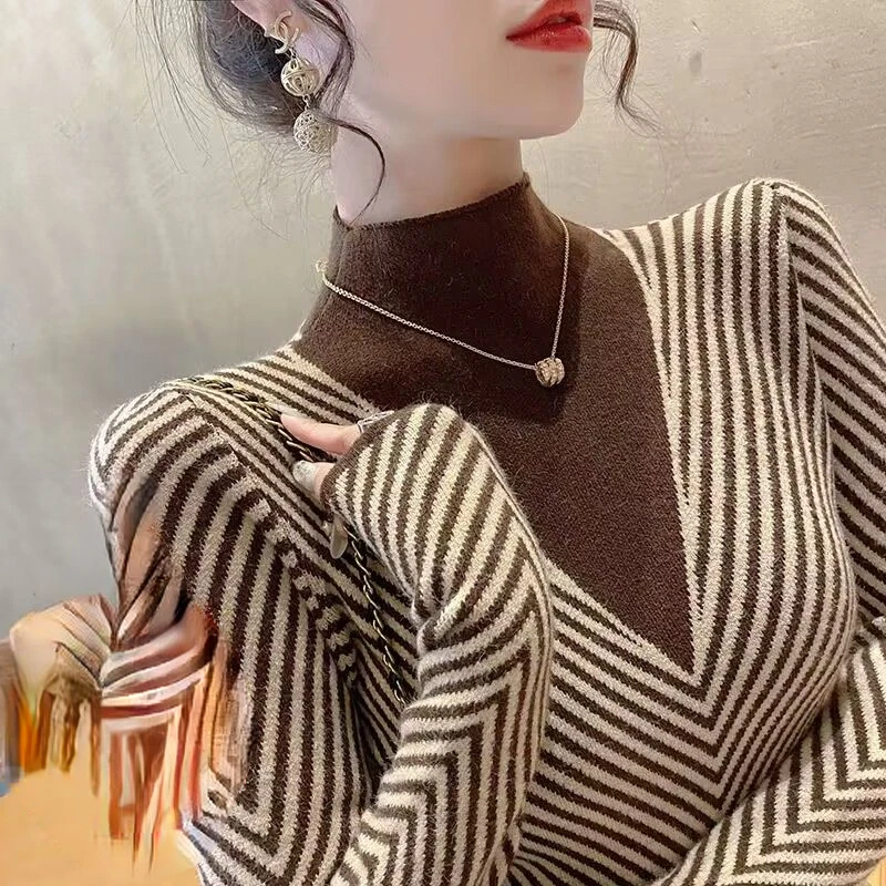 

Autumn and Winter Women's Pullover Half High Neck Long Sleeve Stripe Contrast Color Thickened Fashion Casual Sweater Tops