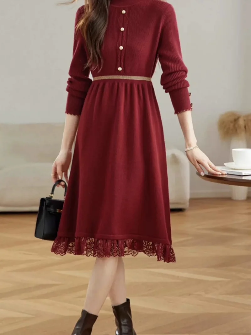 Knitted Dress Women's Spring And Autumn Winter Lace Splicing Fake Two Piece Mid Length A-line Bottom Woolen Dress W1636