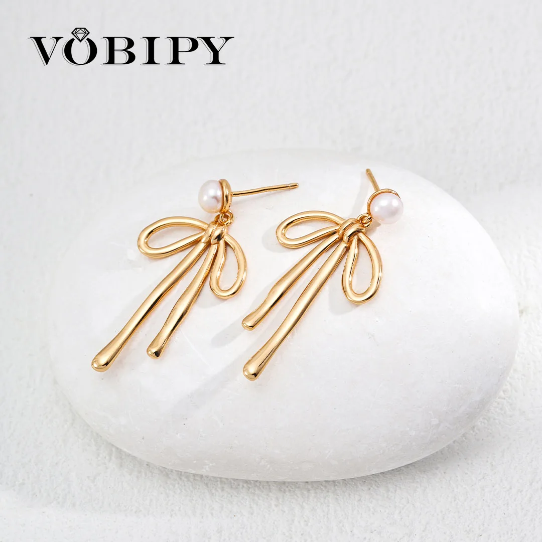 VOBIPY 925 Sterling Silver Bowknot Bow Pearl Earrings for Women 18K Gold Plated Wedding Party Gifts Jewelry 5mm Natural Pearl