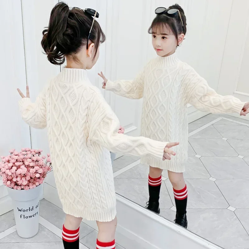 Suéter de malha de lã infantil, suéteres longos, estilo coreano, roupas para meninas adolescentes, outono, inverno, nova moda, 2022, 3-13 anos