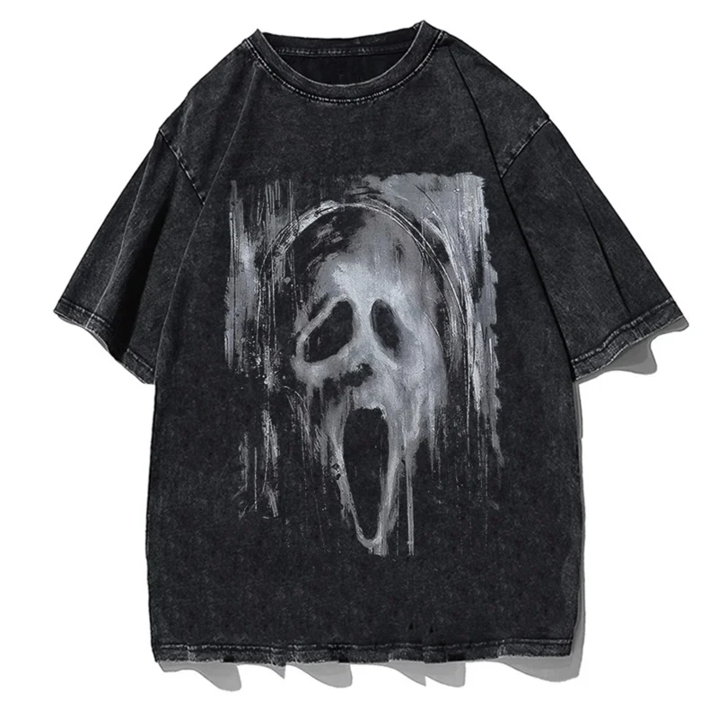 Gothic Oversized Tshirts Y2k Washed Retro Tshirt Skull Letter Print T Shirts Loose Casual Short-sleeved Shirt for Men Women