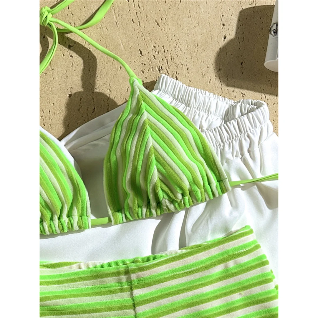 Neuer gestreifter Neckholder-Bikini mit hoher Taille, Damen-Badeanzug, zweiteiliges Bikini-Set mit Shorts, Badebekleidung, Badeanzug, Schwimmanzug V7825 – Detail 33