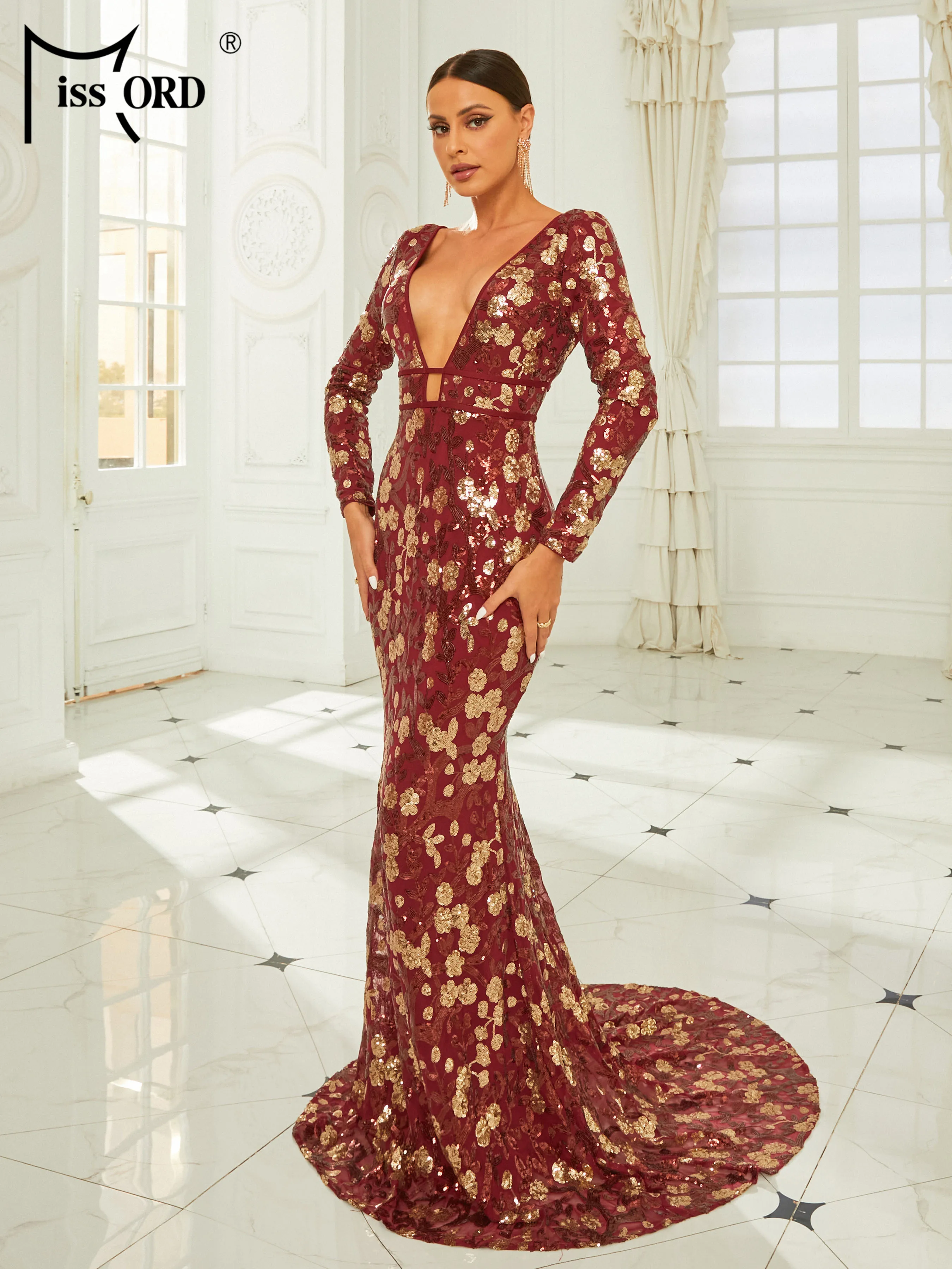 Missord 2024 Wine Floral Sequin Evening Dress Elegant Women Long Sleeve V Neck Bodycon Maxi Mermaid Party Prom Dresses Gown