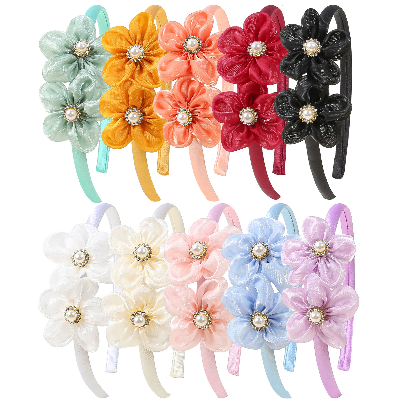 5 Stück Niedliche Perlen-Blumen-Stirnbänder Mädchen Satin-Haarband Kristall-Blumen-Haarreifen Damen Haaraccessoires