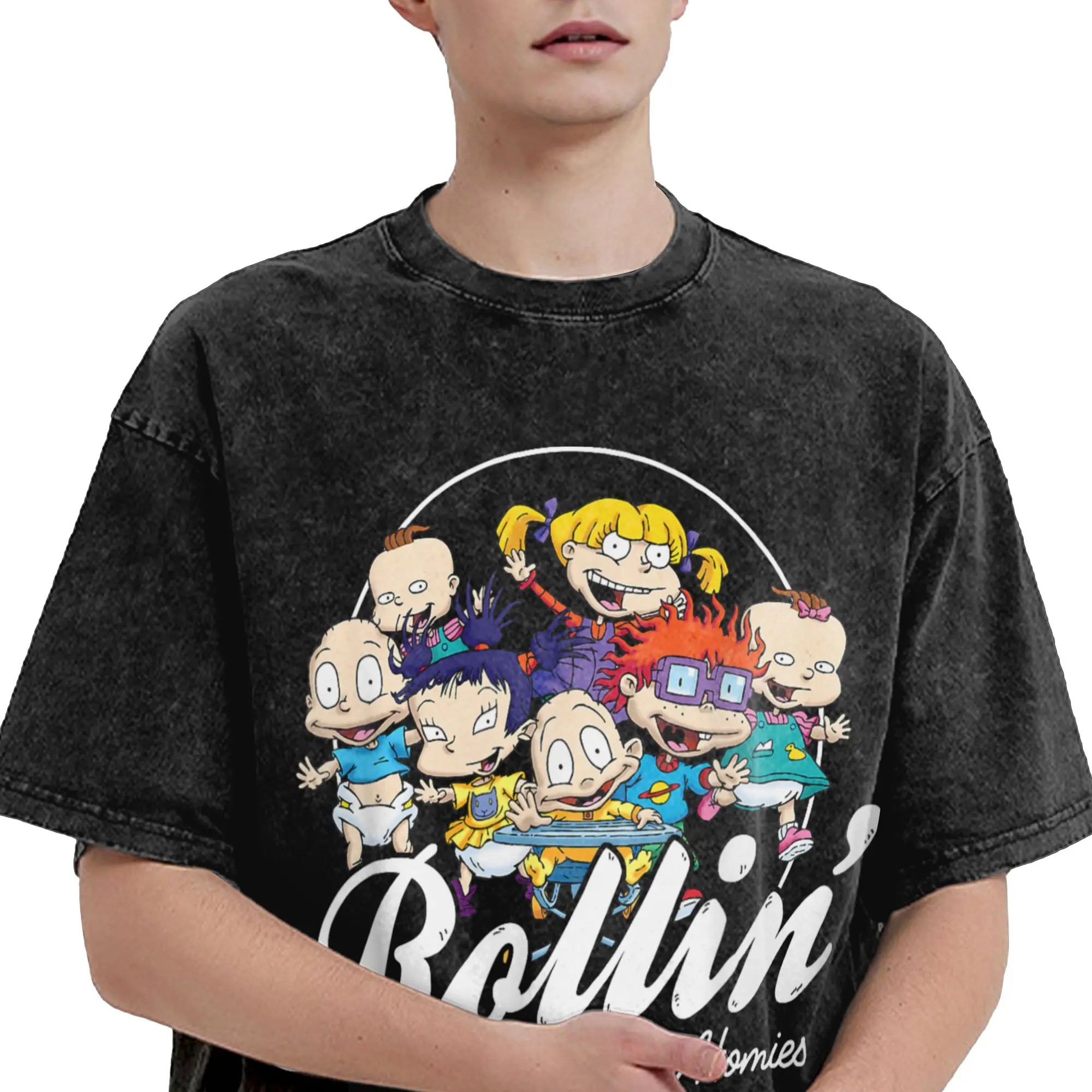 تي شيرت Rugrats Rollin With My Homies Baby بأكمام قصيرة Y2K تي شيرت أساسي صيفي كاجوال برقبة دائرية ملابس كبيرة الحجم