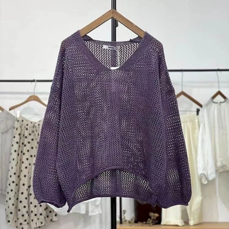 

T-shirts for Women Solid Knitted Gothic V-neck Sunscreen Tops Oversized Casual Korean Style Smock Long Sleeve Summer Clothes