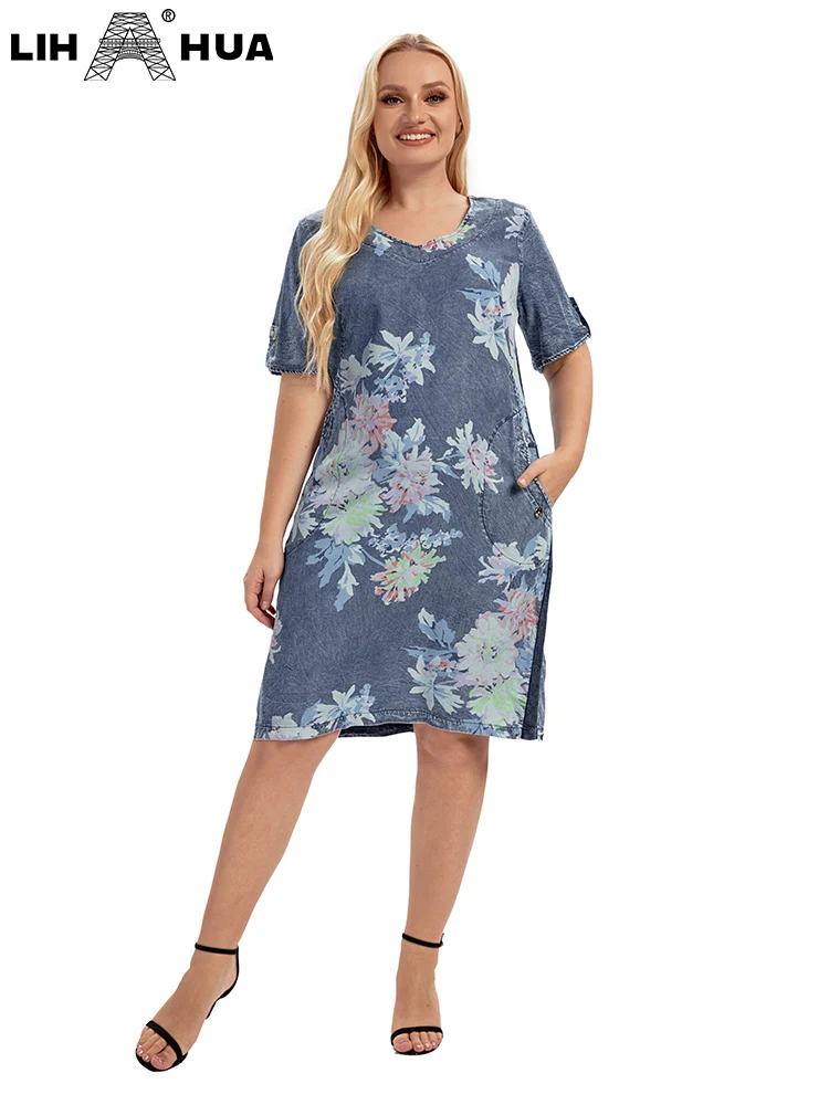 LIH HUA Women's Plus Size Denim Dress Autumn Chic Elegant Dresses For Chubby Women Woven Cotton  Dress
