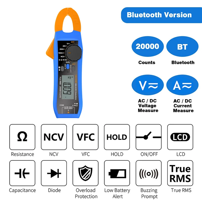 

ABAN CM2100B Bluetooth Clamp Meter 100A 600V Meter 20000 Counts True RMS Capacitance Resistance Diode Clamp Multimeter