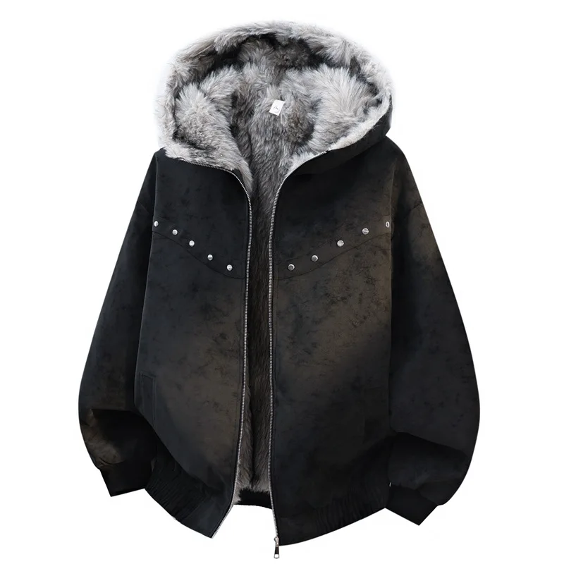 Men's Fleece Lined Parka Jacket Washed Thickened Winter Coat Loose Fit Casual Warm Versatile Simple Fashion Outerwear Streetwear