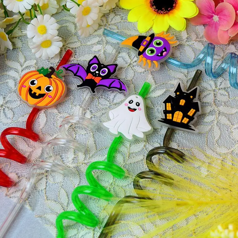 Light Up Spiral Halloween Drinking Straws Luminous Bat Pumpkin Witch Ghost Pattern for Holiday Party Decor 1Pcs