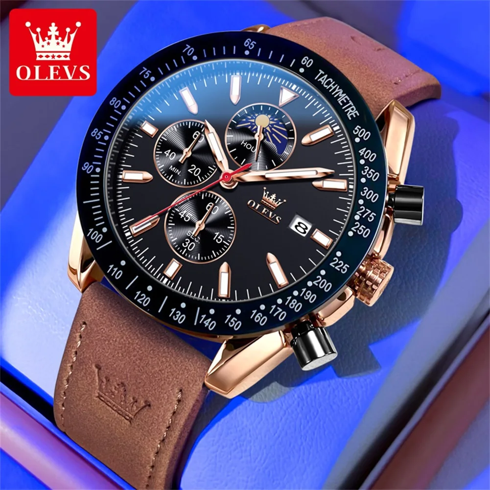 OLEVS Watch Men Fashion Classic Nubuck Strap Waterpoof Chronograph Men\'s Wristwatch Auto Date Clock Moon Phase Luxury Man Watch