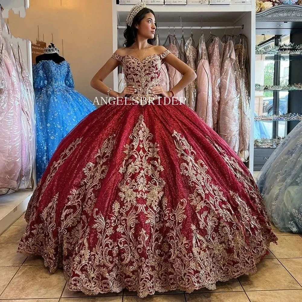 فستان Quinceanera لامع من Angelsbridep ، أكمام مكشوفة الكتفين ، فستان حفلة مزخرف بالدانتيل الذهبي ، مشد للظهر ، 15 عامًا