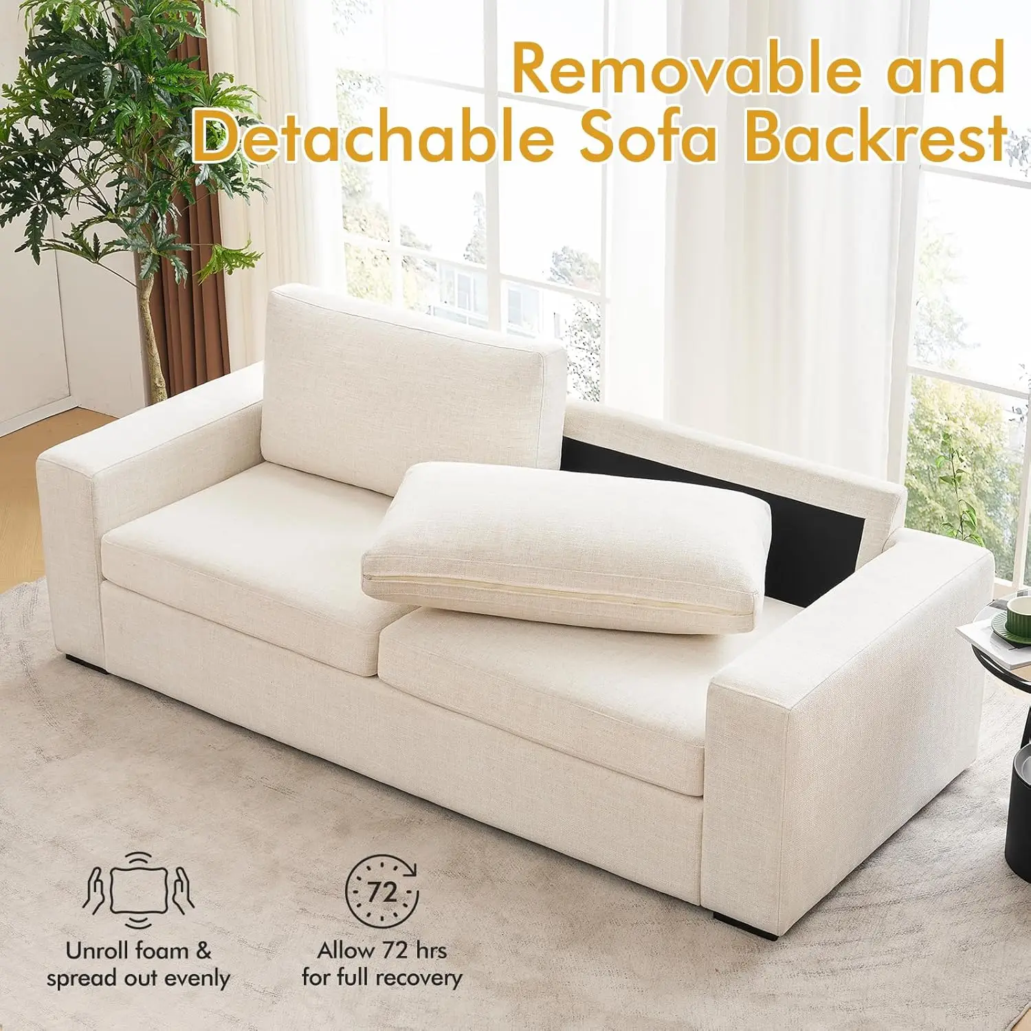 

3 Seater Sofa, 85" Modern Sofa Couches for Living Room, Natural Linen Deep Seat Sofa with Upholstered Cushion&Detachable Cover