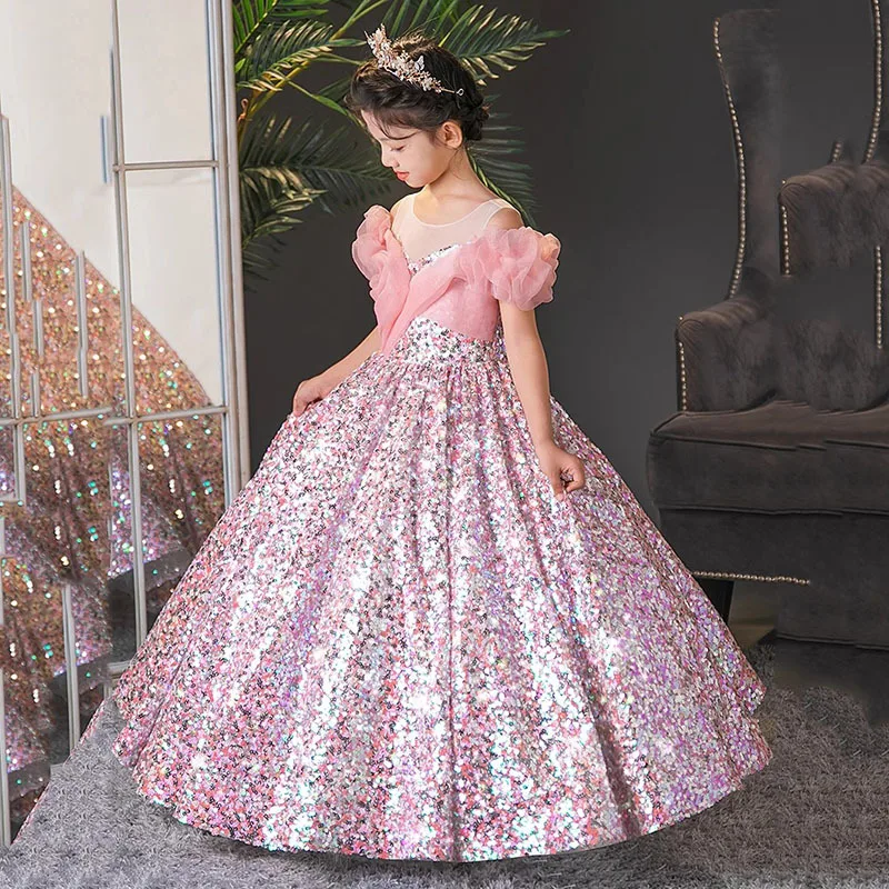 Customized Pink Bling Bling Baby Flower Girl Dresses Sequins Children Princess Prom Birthday Party Gowns Formal