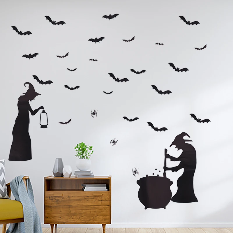 

Halloween Giant Sticker for Window Decoration Bats cat spider Witch Boiler Shadow Window Sticker Helloween Electrostatic Sticker