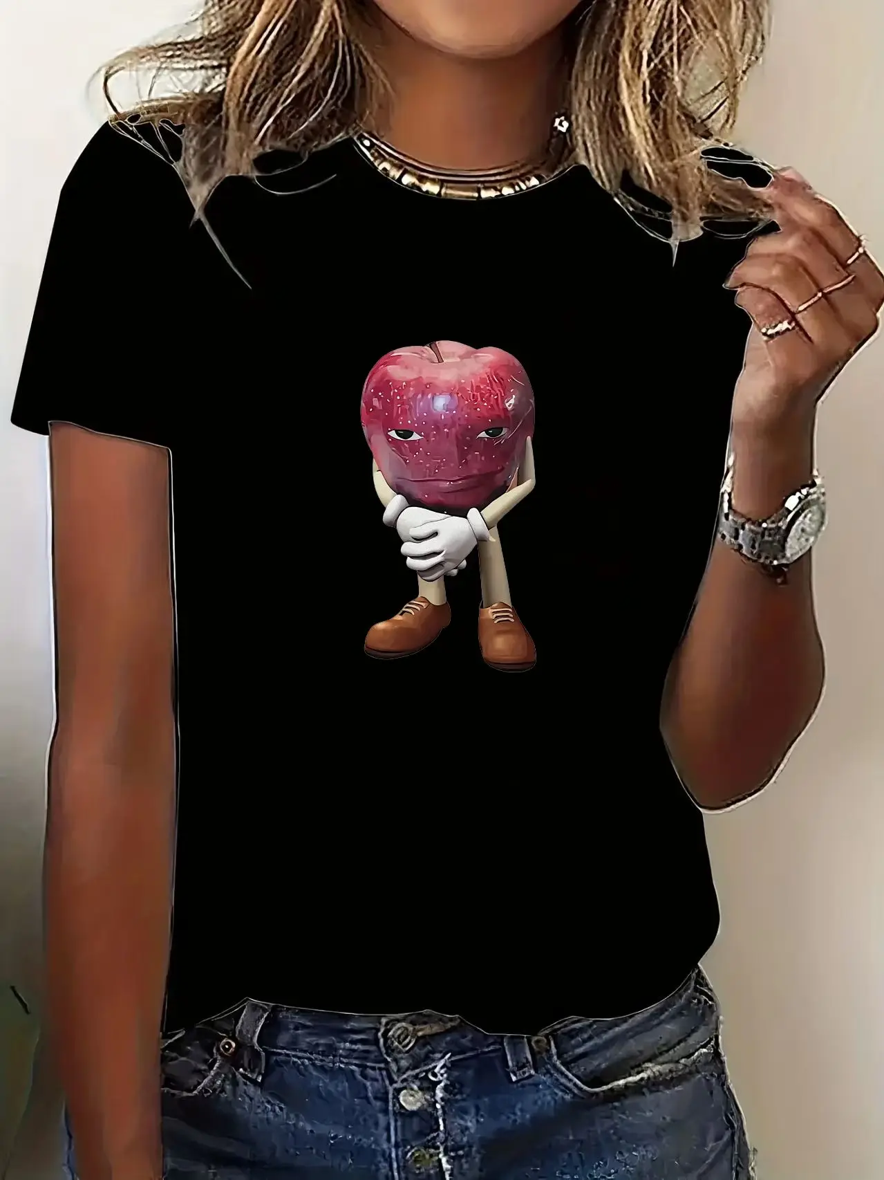 Kaos katun kualitas tinggi pria, T-shirt atasan lengan pendek kasual Retro Apple dengan wajah Meme uniseks image 2
