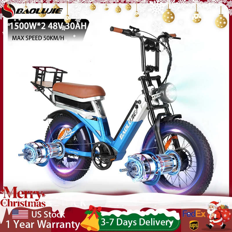 

BAOLUJIE 2033 2000 Вт Двухмоторный электровелосипед для взрослых Электрический велосипед с аккумулятором 48 В 30 Ач Гидравлический тормоз【 Гарантия 1 год】
