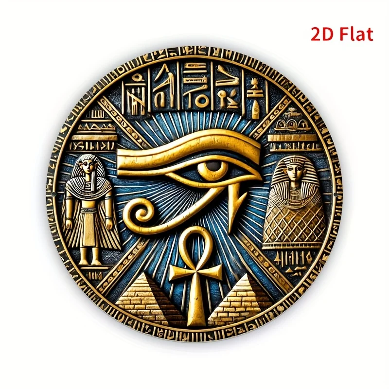 8x8 Inch Iron Wall Art - Ancient Egyptian Totem Decor with Eye of Horus, Anubis, and Ra Design - Golden & Blue Mystical Artwork