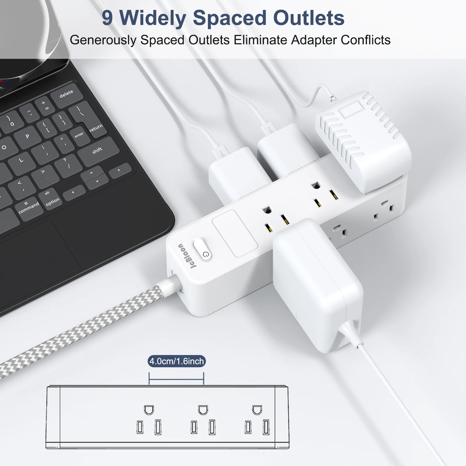 9-in-1 Surge Protector Power Strip with 6 Outlets and 5ft Braided Extension Cord,45° Ultra-thin plug wall socket for home office