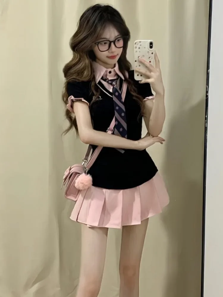 فستان صيفي قصير للتنحيف على الطراز الأمريكي الحلو الحار والخصر مناسب على طراز Preppy فستان بياقة بولو وأكمام قصيرة 2025new #5