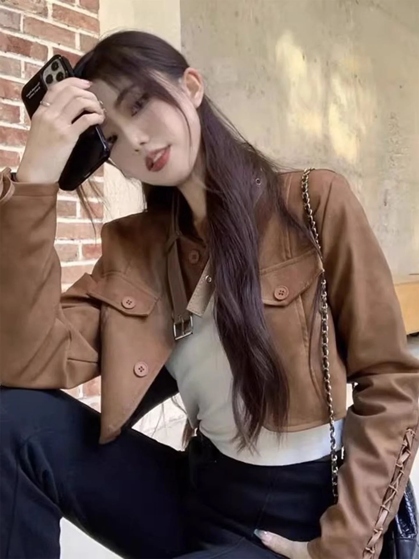 레트로 브라운 PU 가죽 자켓 여성용 모터사이클 스타일 아우터웨어 스파이시 걸 디자인 센세이션 2025 가을 신상품