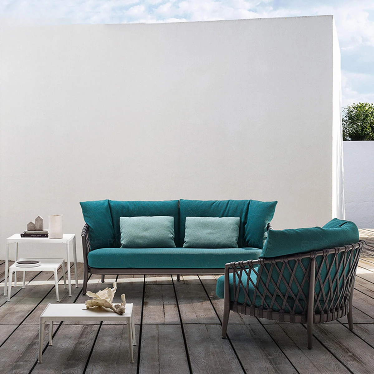 Terrasse langen Tisch Rattan Stuhl Sofa Kombination einzelne Outdoor-Sofa-Set von drei