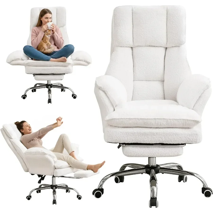 Cloud Cross Legged Office Chair with Footrest and Flip Armrest for Home Office Use, White Fabric Seat with High-Density Foam Cu