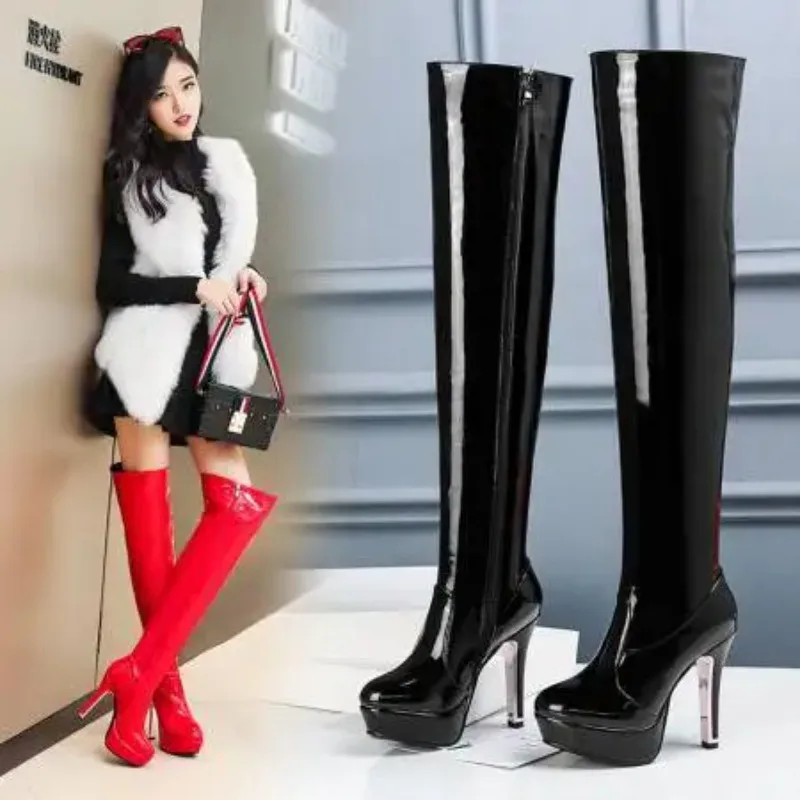 Patent PU Leather Red Black Womens Overknees Platform Thin High Heels Booties Big Size 46 Woman Over-the-knee Boots