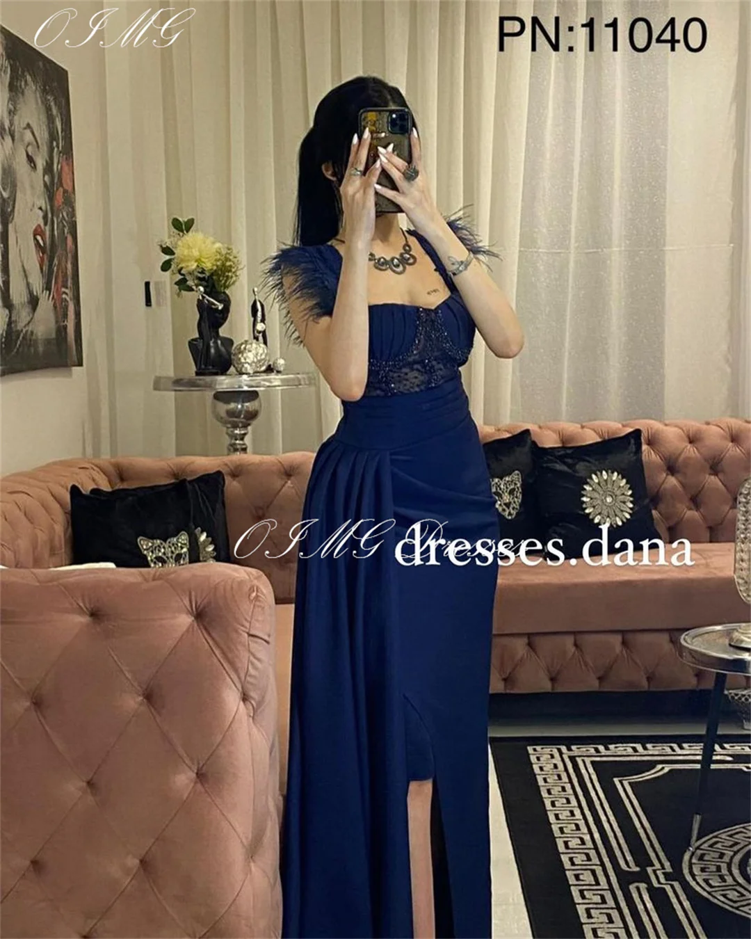 

OIMG Saudi Regular Straps Prom Dresses Feathers Sleeves Sexy Beading Backless Vintage Simple Evening Gowns Formal Party Dress