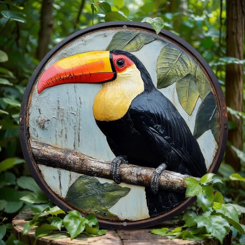 Toucan Metal Wall Art, Round Aluminum Decorative Sign, for Home, Bar, Kitchen, Office, Party, Christmas, Holiday Gift