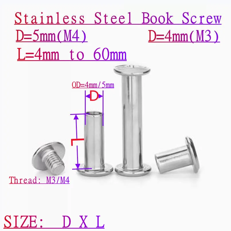 10sets  D5mm(M4)  D4mm(M3) 304 Stainless Steel Photo Scrapbook Album Book Post Binding Screw Chicago Screw Nail Rivet Bolt