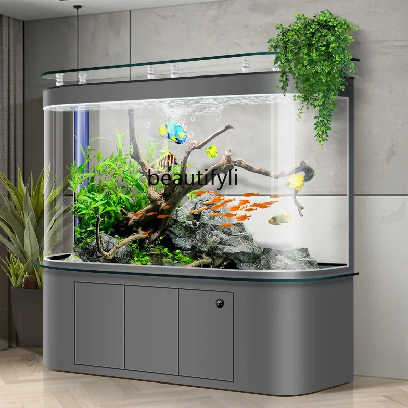 

53 Fish tank living room against the wall circular arc aquarium water bottom filter intelligent landing ecology
