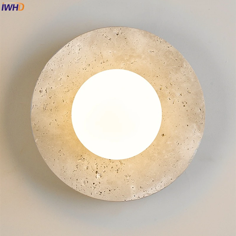 IWHD Modern LED Wall Lamp Yellow Travertine Glass Lampshade Wall Light Indoor Room Decoration Bedside Lighting Applique Murale