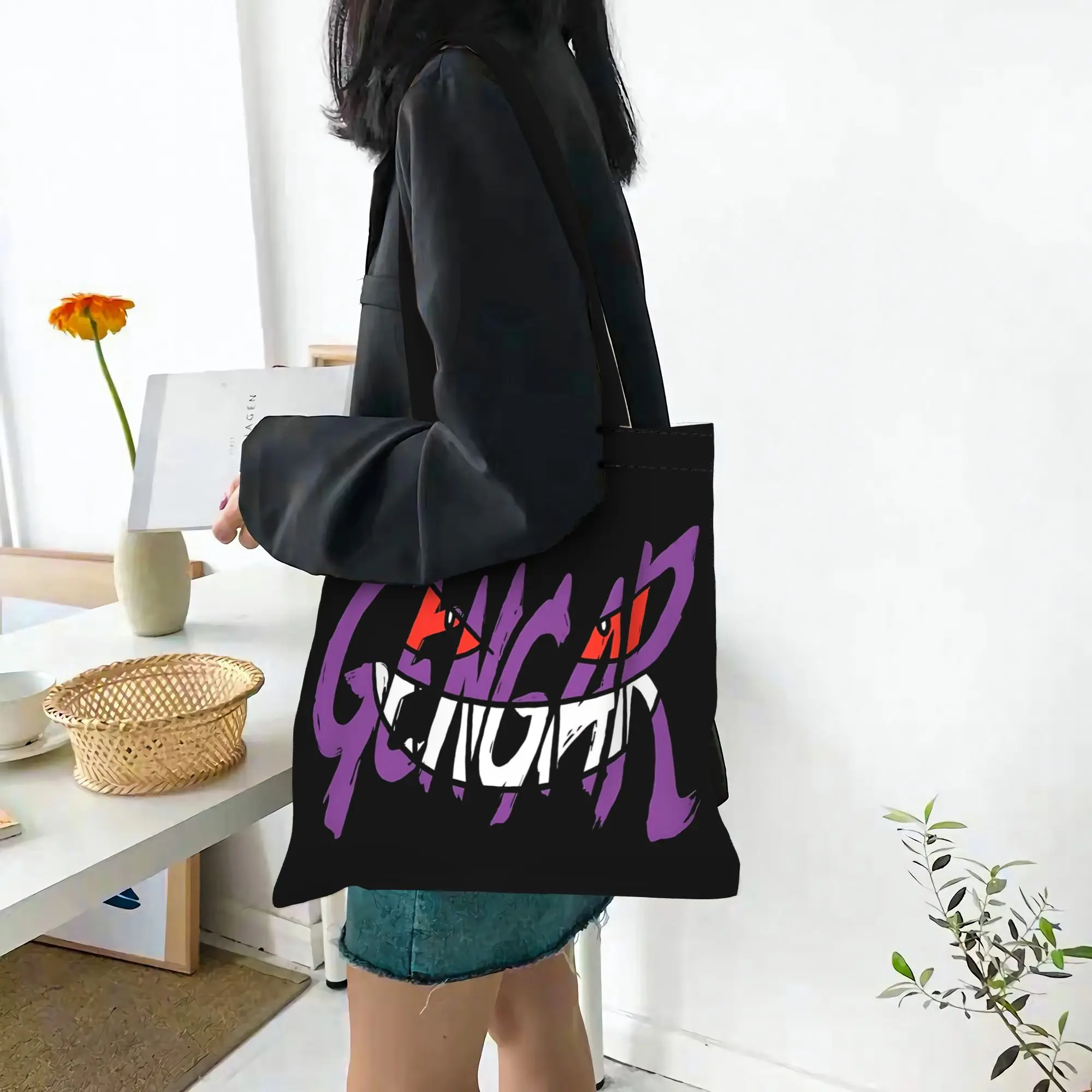 Customized Pokemon Halloween Gengar Women's Bag Shopping Bag Reusable Double Sided Canvas Tote Bag Shoulder  Handbag