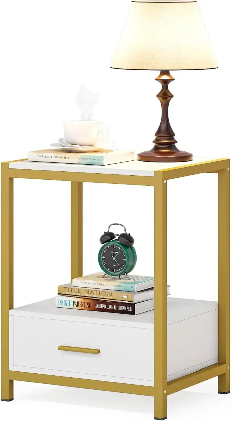 25 inch Tall Gold Nightstands with Drawers and Storage Shelf, Modern Bedside Table End Table Side Table for Bedroom, Living Room