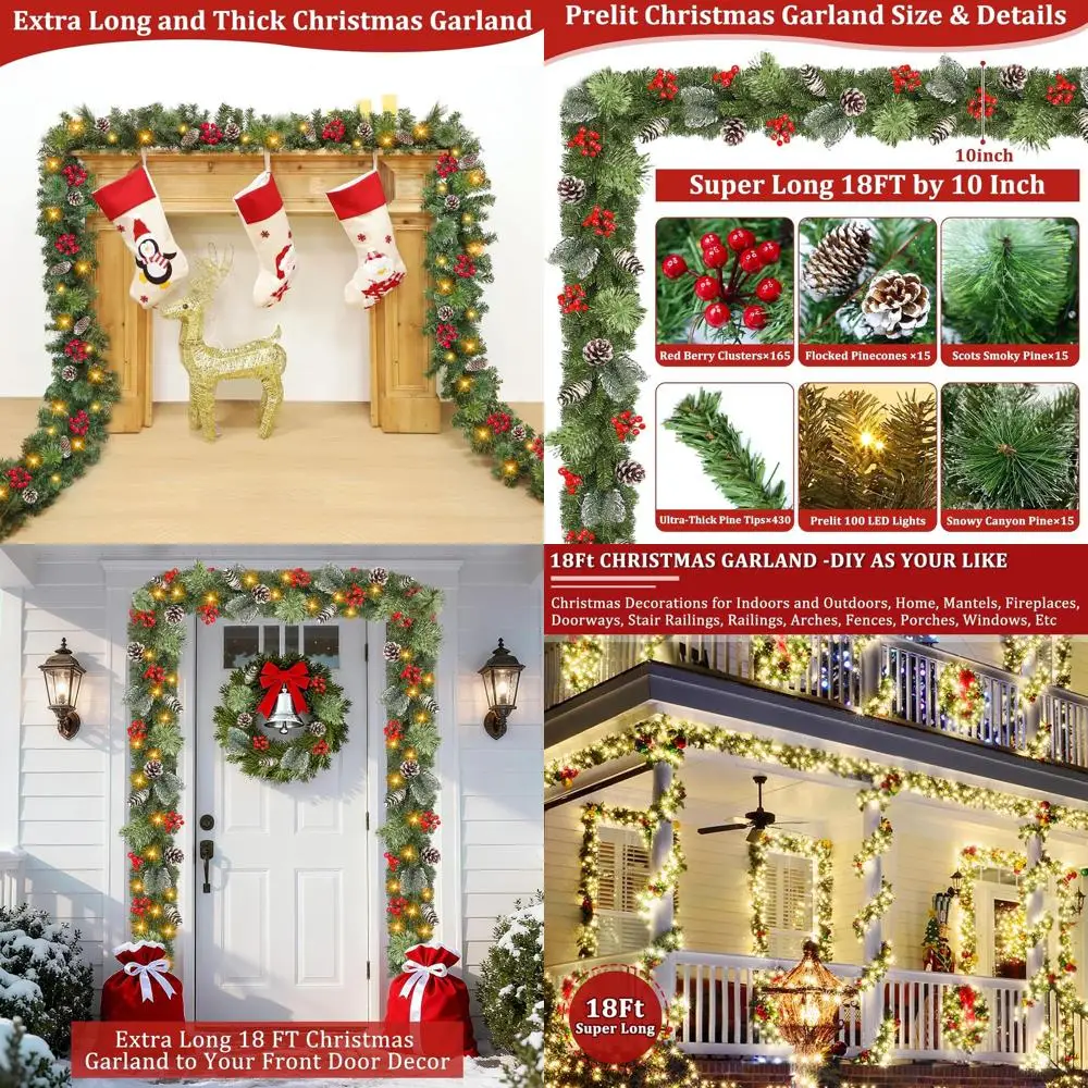 

Prelit Christmas Garland with 100 Warm Lights, 460 Branches, 15 Pinecones, 165 Berries for Outdoor Stair, Porch, Front Door, Man