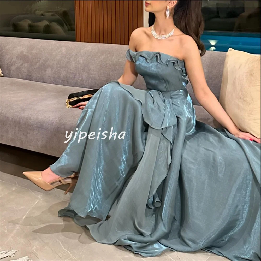 Customized Elegant Modern Style Satin Pleat Ruched A-line Strapless Long Dresses Cocktail Dresses Matching Fashion Casual Classi