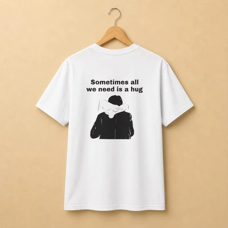 Sometimes All We Need Is a Hug Minimalist Line Art Graphic T‑shirt Unisex Washed Cotton Harajuku Y2K Short Sleeve Streetwear Top