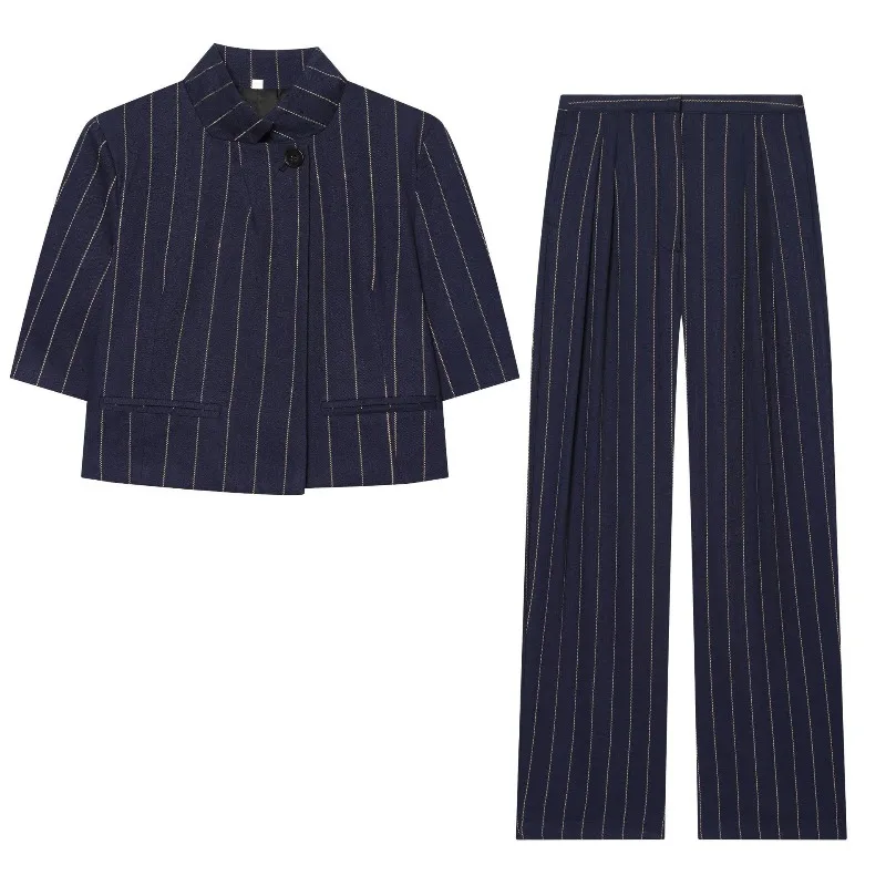 

Elegant Women's Linen Blend Striped 2-Piece Set Stand Collar Crop Jacket + High Waist Wide Leg Pants Outfit Office Suit Workwear
