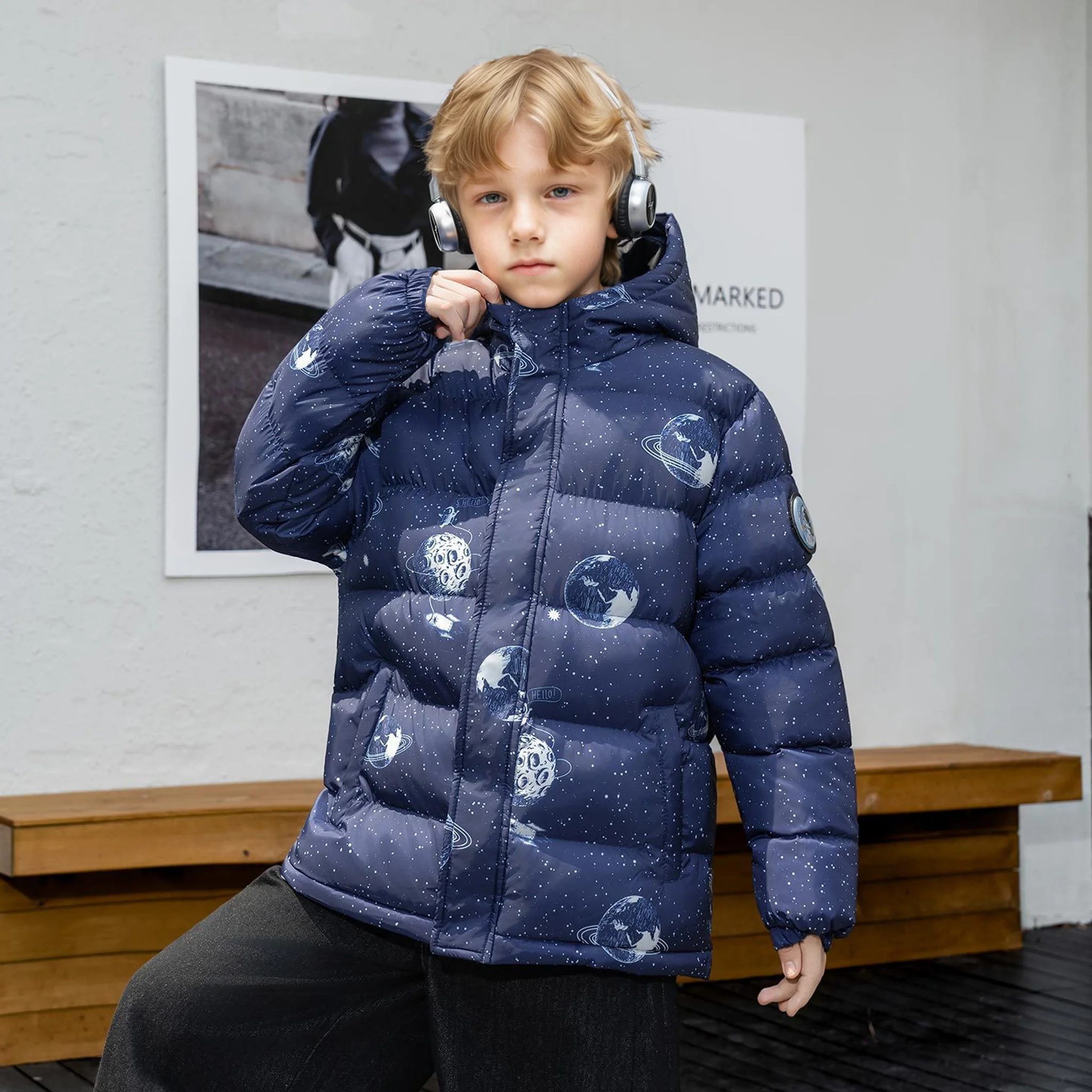 

Children Garment Handsome Boys Space Print Cotton Padded Outwear Teenager Kids Winter Thick Warm Windproof Cotton Content Coat