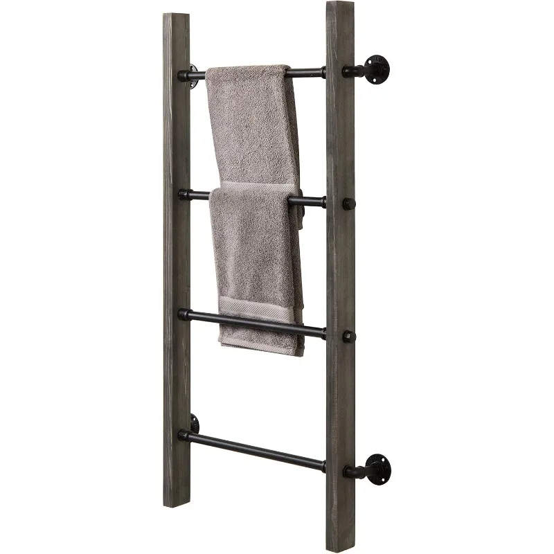 Wall Mounted Blanket Ladder Farmhouse Gray Wood and Industrial Metal Pipe Towel Hanging Rack