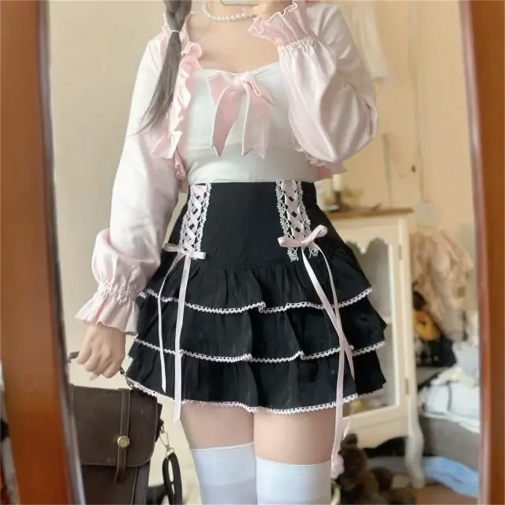 

Women High Waist Bow Lace-up Fairy Y2k Aesthetic Cute Cake Mini Skirts Japanese Harajuku Girls Kawaii Lace Pleated Skirts