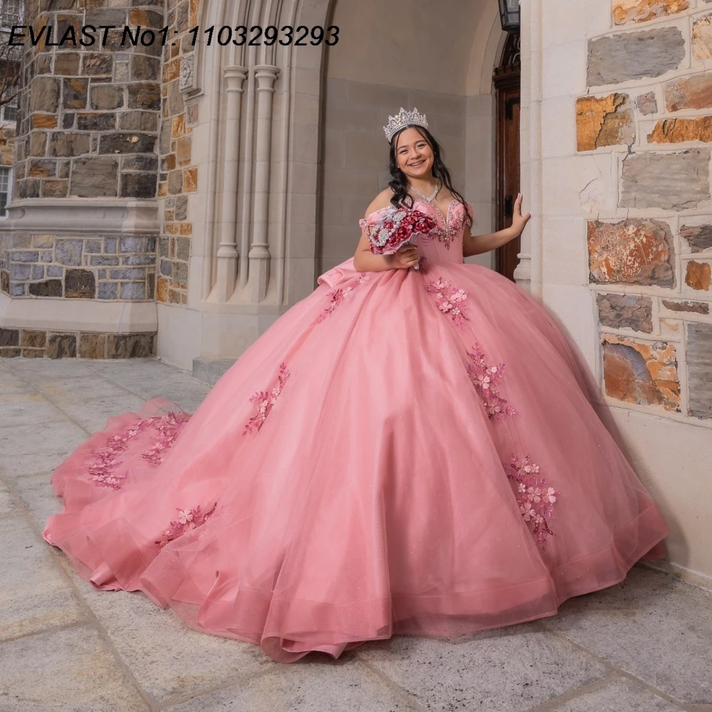

EVLAST индивидуальное мексиканское розовое бальное платье Quinceanera платье с цветочной аппликацией и бантом из бисера корсет Sweet 16, Vestidos De 15 Anos E1Q845