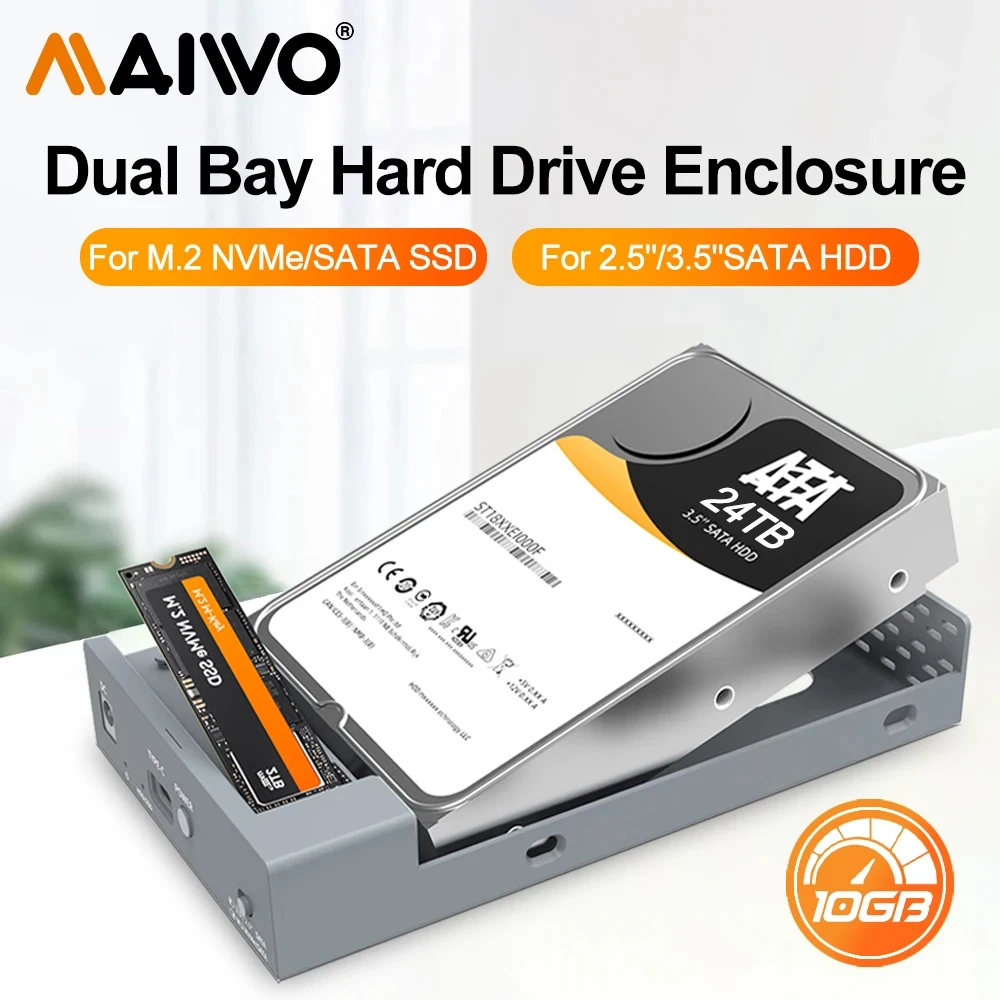 

Корпус M.2 NVMe SATA SSD MAIWO 10 Гбит/с для внешнего жесткого диска 2,5 дюйма и 3,5 дюйма, поддерживает 2230/42/60/80 и 2,5/3,5-дюймовый HDD/SDD