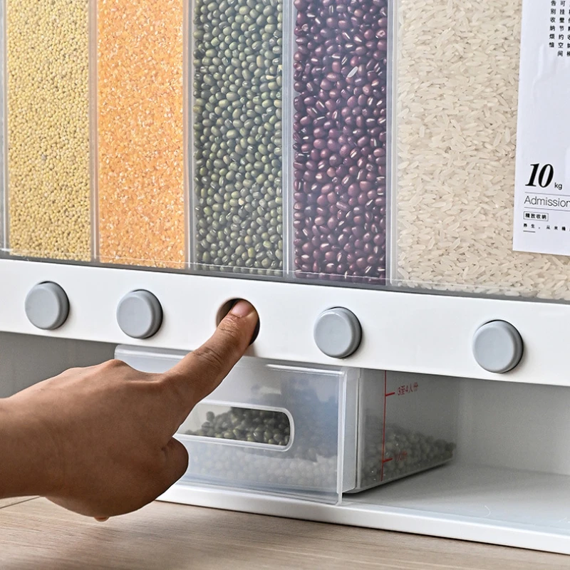Organizers for Kitchen Rice Dispenser Food Storage Box Cereals Pantry 10L Wall Mounted Separate Rice Bucket Cereal Dispenser