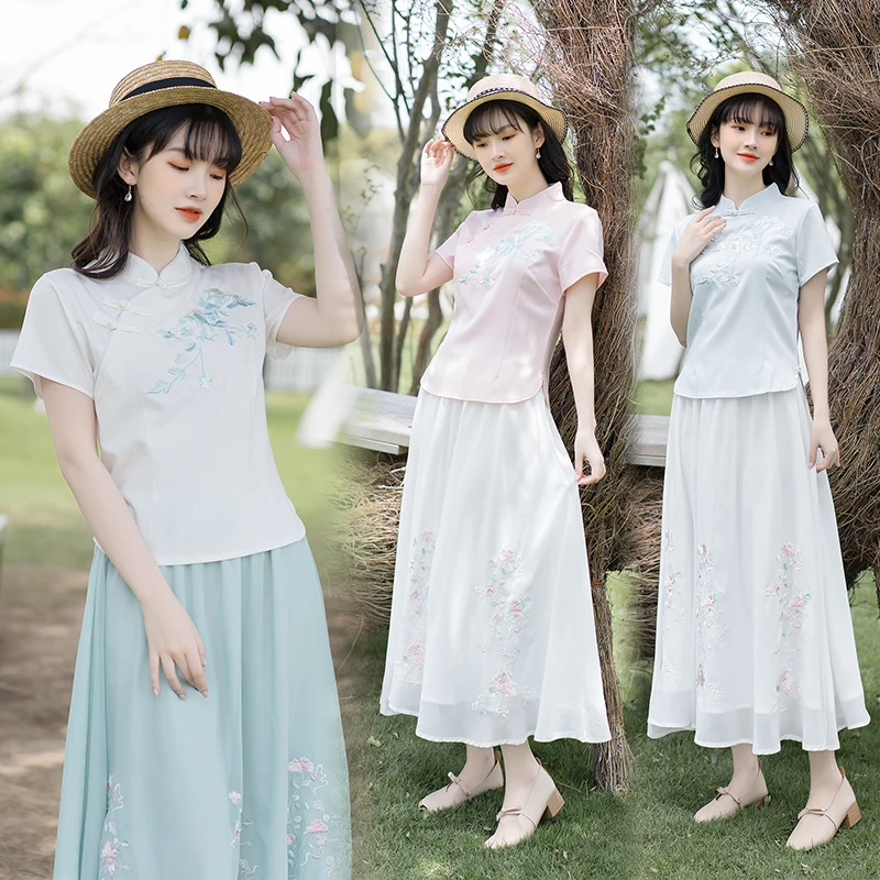 

Retro Ethnic Sle ort Sve Slim Fit Stand Collar Embroidered Top And Skirt Summer New Arrival Women's Faion Cotton