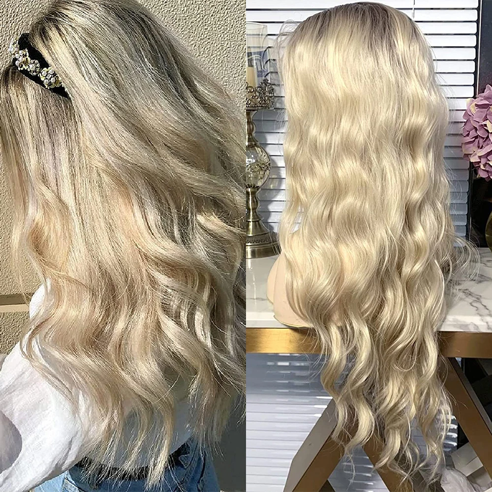 Premium Synthetic Fiber Blonde Ombre Full Thick Body Wave Natural Hairline Adjustable Lace Front Wig Synthetic Heat Friendly